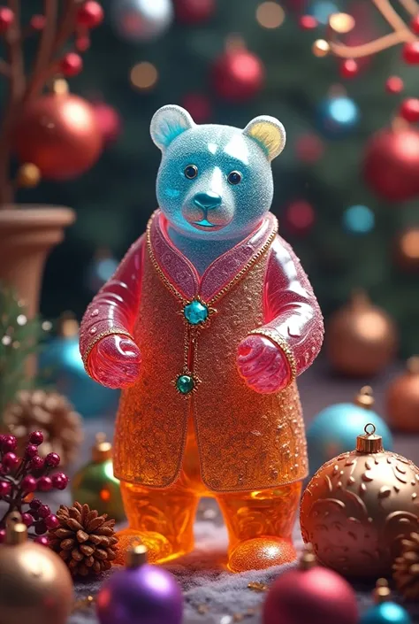  Christmas ornaments on the background、Glass bear 、transparent、natural gemstone、 Fantasy、 colorful 、 realistic wearing kurta、背景にはたくさんの Christmas ornaments on the background