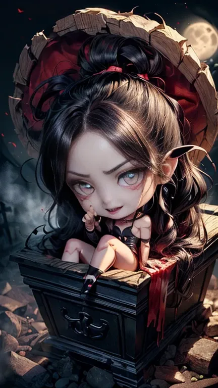 (A female vampire leaning halfway out of her coffin, her upper body emerging into the moonlit crypt. Her pale skin glows faintly in the darkness, and her long black hair cascades over her shoulders, framing her cold, glowing red eyes. She bares her sharp f...