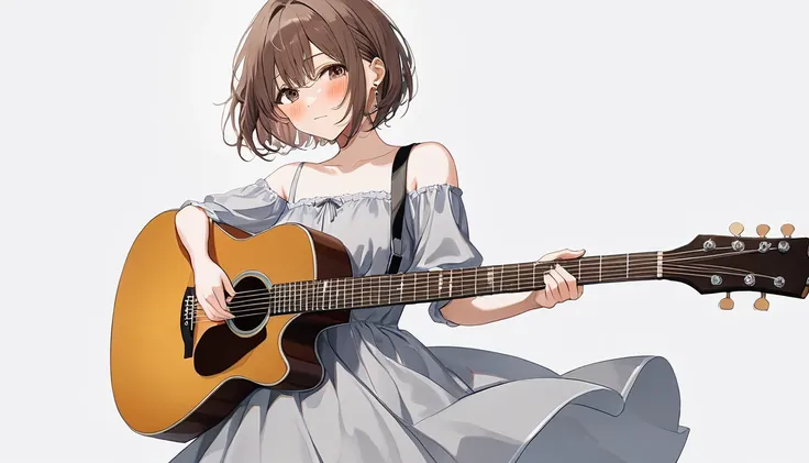 (((White wall background)))、(((Best image quality、8K、Beautiful woman、White wall background)))、(((guitarist、play the guitar)))、(((Short Hair Woman)))、(((Brown Hair)))、(((Im embarrassed)))、(((Wearing a grey dress)))、(((Pure white background)))