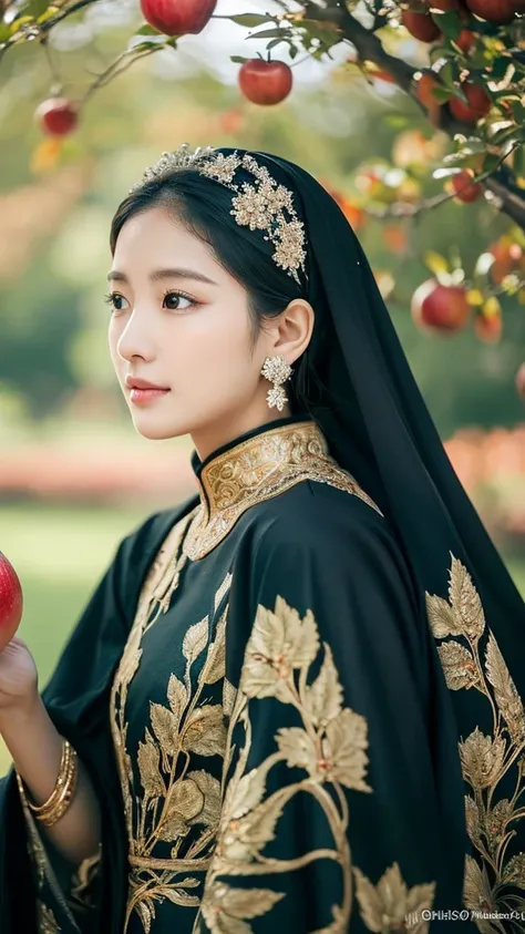 The image shows a beautiful and elegant Korean woman wearing a delicate and soft black hijab with an intricate silver motif design on the head,  decorated with flower-patterned pins and wears a black gun that flows smoothly and gently . This dress has intr...