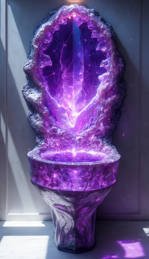 amethyst toilet, smooth amethyst toilet lid, modern chic house interior highly detailed,  luxury bathroom design, photorealistic, 8k, masterpiece, intricate details, beautiful purple and white colors, ornate design, glowing amethyst, intricate carvings, elegant and luxurious, sparkling, crystalline structure, natural lighting, dramatic shadows, high quality render