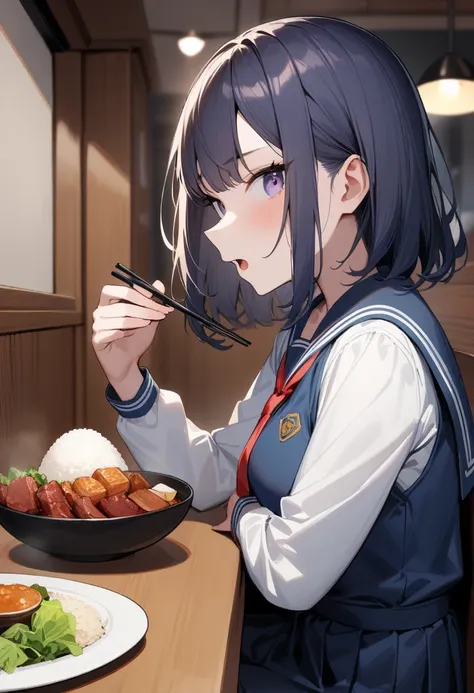 1 girl,  medium chest , school uniform,
i&#39;m sure,food, alone, bowl, holding chopsticks, rice, table, meat, dish, indoor,  si...