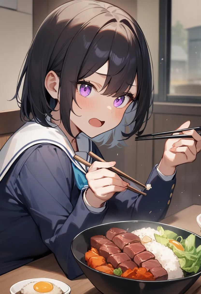 1 girl,  medium chest , school uniform,
i&#39;m sure,food, alone, bowl, holding chopsticks, rice, table, meat, dish, indoor,  si...