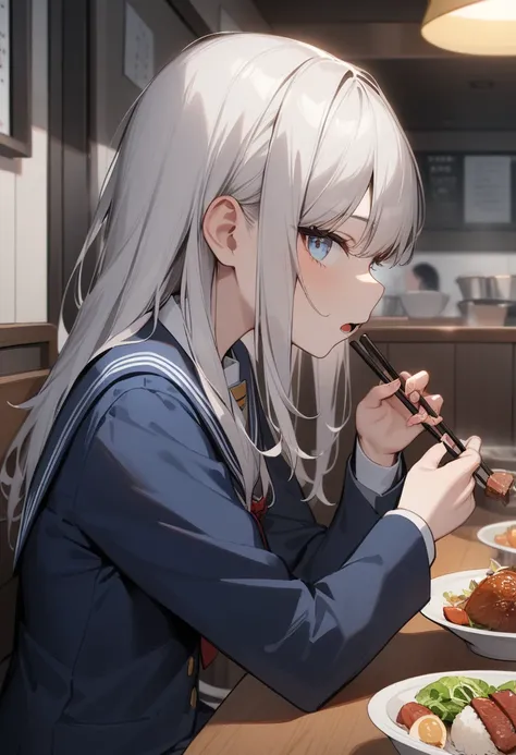 1 girl,  medium chest , school uniform,
i&#39;m sure,food, alone, bowl, holding chopsticks, rice, table, meat, dish, indoor,  si...