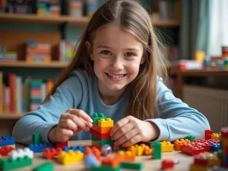  photo of a 14-year-old smiling girl, who plays lego 