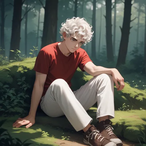 A guy  .Sits in the forest. White curly hair .  grey eyes  .Sits in white pants and a red shirt.