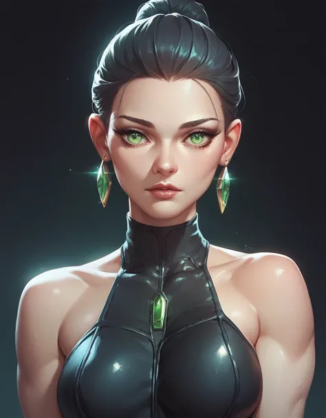 female black sleeveless catsuit with bare shoulders and racerback, bare toned arms, beautiful faces, long black ponytail with showing forehead, earrings, soft smooth skin, pale skin, black background, green eyes, sci-fi