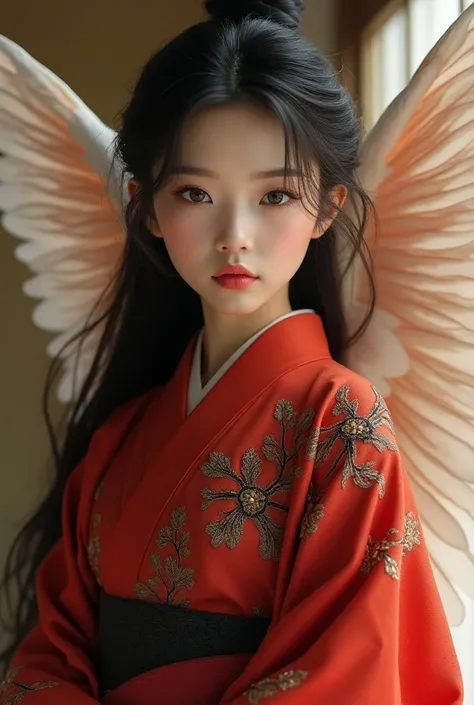  takes a straight look at the viewers、Beautiful angel wearing a luxurious kimono with black embroidery on Japanese red fabric