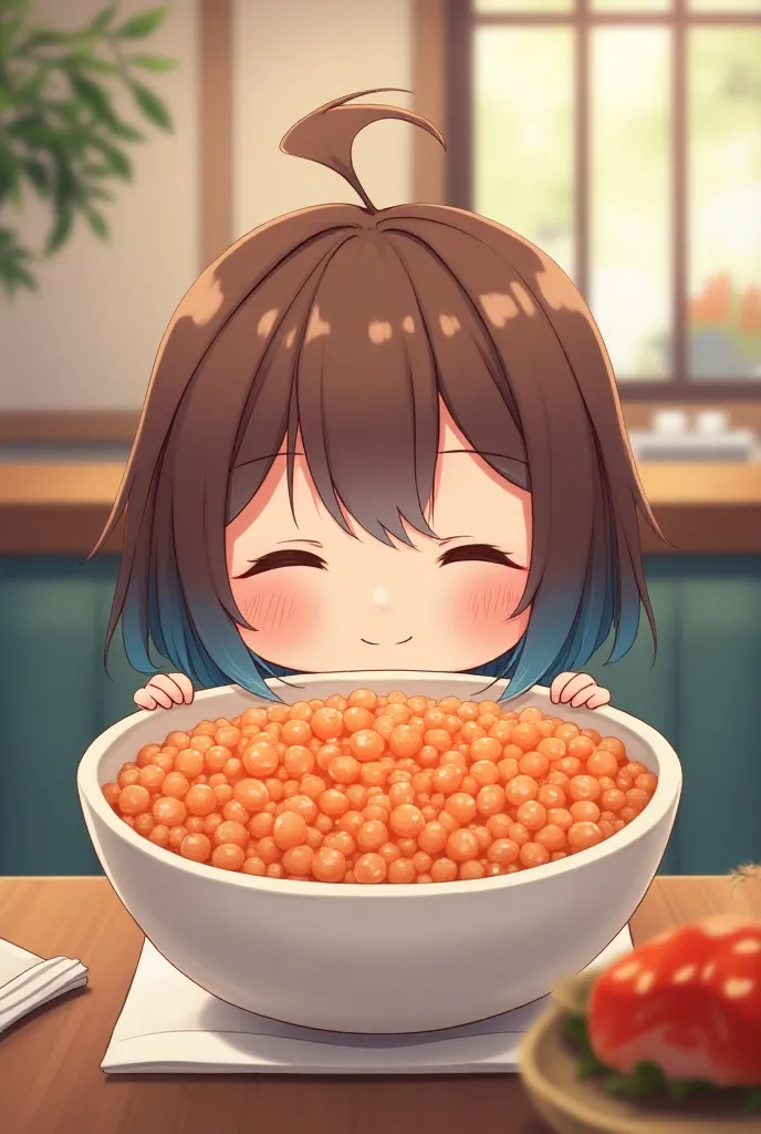 The Japanese Chibi character girl in the anime has a brown hair color all over, blue at the tip, has a short, semi-long smile, and soaks in a large cup full of salmon roe at a cafe