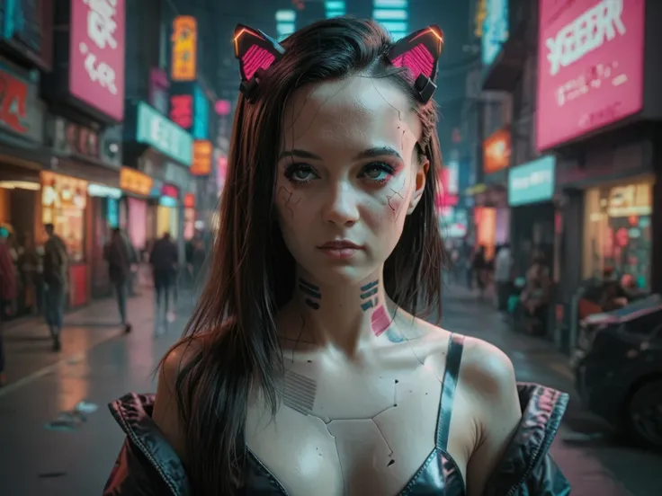 Anime girls have long hair and cat ears,In the city, digital Cyberpunk Anime Art, Cyberpunk anime girl mech, female Cyberpunk anime girl, Cyberpunk anime girl, Anime Cyberpunk Art, Cute robot girl,  digital cyberpunk - anime art , Cyberpunk Anime Art, oppa...