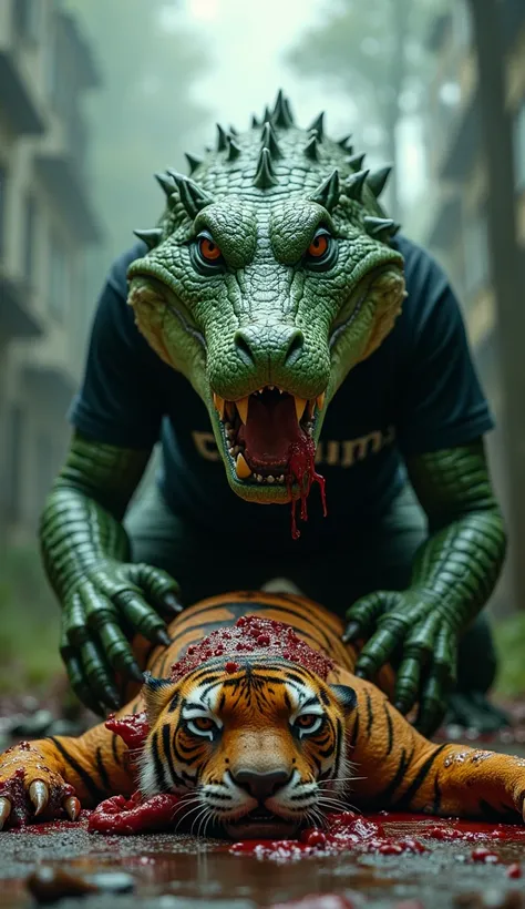 front view photo close up, a scary green Crocodile Monster, wearing a black t-shirt with the text "GRANDONG", killing an orange tiger lying and bleeding, the tigers limbs torn to shreds, intestines spilling out, in a city town, a haunted and dark forest fu...