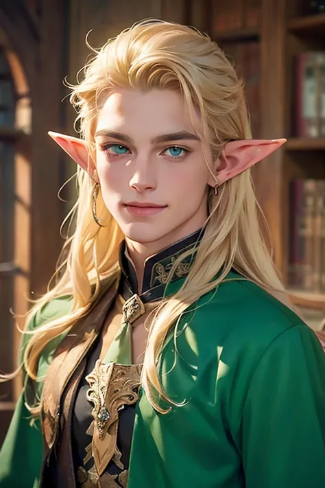 portrait front facing, of a handsome boy, handsome, an elf, pointed ears, long blonde hair, green eyes, masterpiece, intricate, best quality, anime eyes, private school mage teacher outfit detailed interiors private school, detailed character, dynamic pose...