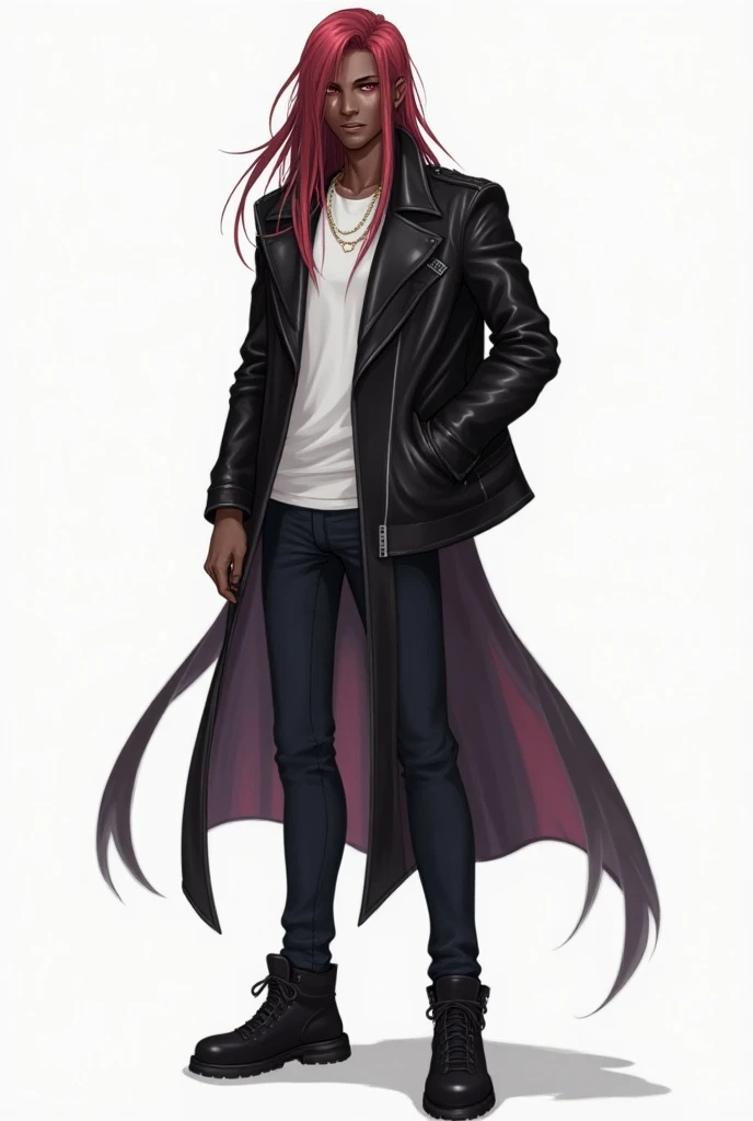 Description for the V-Tuber Model:
1.	Character Appearance:
o	Gender: Male
o	Skin Color: Black
o	Hair: Long, flowing smoothly down to the shoulders, deep red in color. The hair can be styled loose and voluminous, with a touch of softness at the ends.
o	Eye...