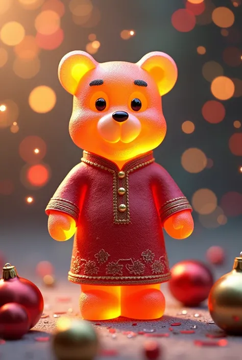  Christmas ornaments on the background、A cute bear made of gummies、transparent、 Fantasy、 colorful 、 realistic wearing kurta、背景にはたくさんの Christmas ornaments on the backgroundが輝いている