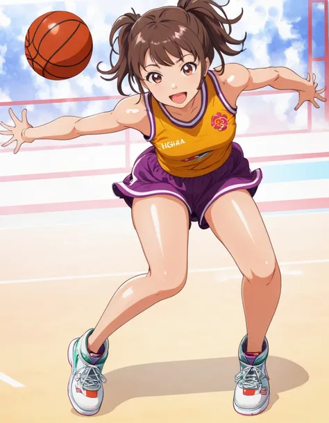 Anime girl jumping in the air with a basketball in her hands, dunk scene, brown short hair, Kano Chinatsu, From Aonohako, basketball game, anime screenshot, cute girl anime visual, official anime stills