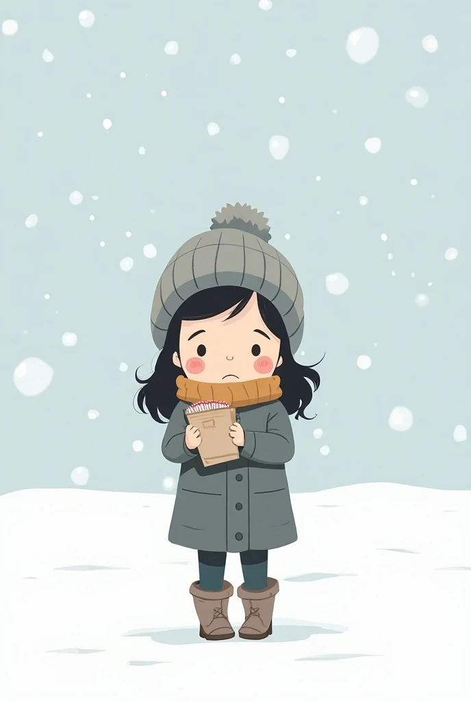 Cartoon style illustration of a  on a cold winter night,  standing on a white background to emphasize her figure . She is barefoot,  with torn shoes and without a coat ,  shivering with cold while soft snow falls around her .  The girl has a sweet but sad ...