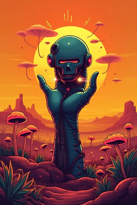 Create a logo with the name PEDRO ALVES with
Orange background with various mushrooms in a laiser war on the planet Mars with one hand holding a robot head in a psychedelic cybernet terror world 