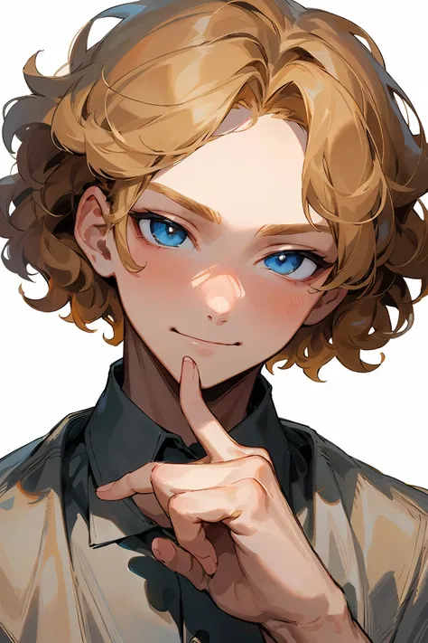 masterpiece,  in the dark, boy,  curly blond hair , Short hair, 20 yr,  finger touching forehead , cold smile , douchebag, narrowed eyes,  very detailed pretty face and eyes, portrait, shirt