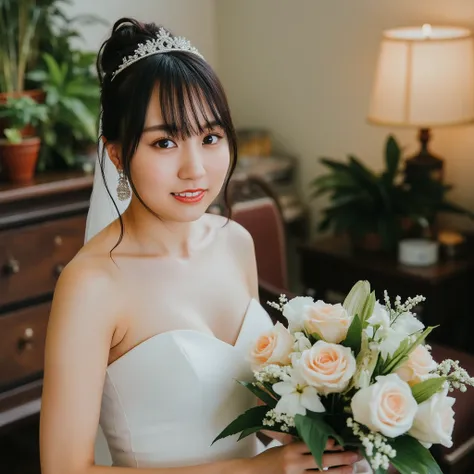 Beautiful girl, wavy hair, strapless wedding dress, earrings, necklace, tiara, veil, bouquet 