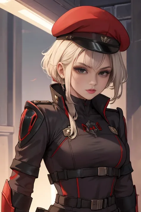 a woman security officer, 30 years old, spike clothing decoration, protective gear, red and black edgy uniform, wearing red military beret and protective gear, fantasy light armor