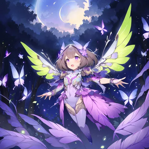 Ageha butterfly motif mecha girl, shining eyes, ageha butterfly feathers, fluorescent wings, scales, open mouth, hair of various colors, shaggy hair, short hair, ageha butterfly exoskeleton bodysuit, flying, floating, cowboy shot, faint laughter, foggy for...