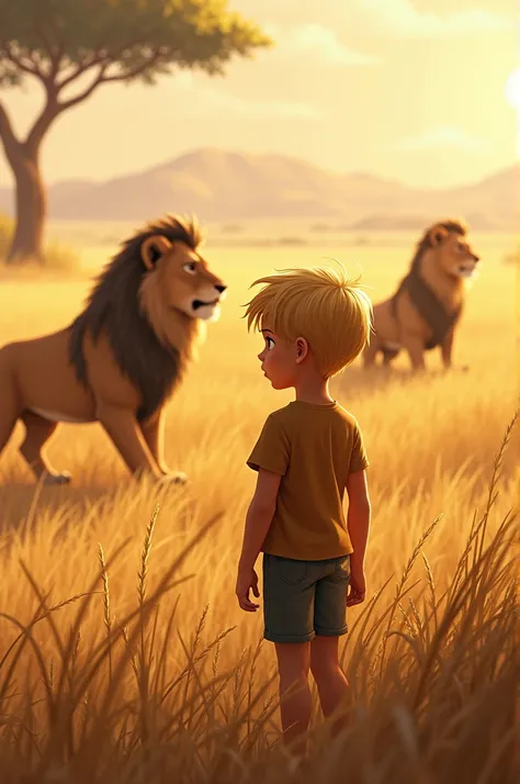 Blonde boy looks at lions 