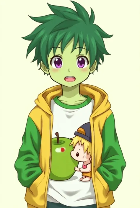 2D digital drawing of an anime boy with green green skin and purple eyes with green hair a little darker than the skin with a white t-shirt with green sleeves and a print of a green apple kissing a boy with big blond hair with a slightly darker blonde hair...