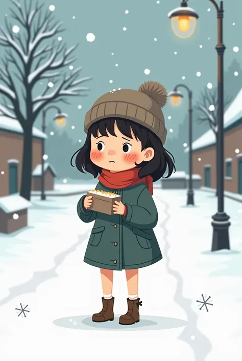 Cartoon style illustration of a  on a cold winter night,  standing on a white background to emphasize her figure . She is barefoot,  with torn shoes and without a coat ,  shivering with cold while soft snow falls around her .  The girl has a sweet but sad ...