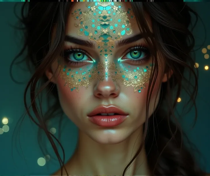 A hyper-realistic portrait of an incredibly beautiful woman with mesmerizing green eyes, staring intensely with an expression of strength and mystery. Her face is adorned with ultra-detailed, glass-like geometric patterns that appear embedded seamlessly in...