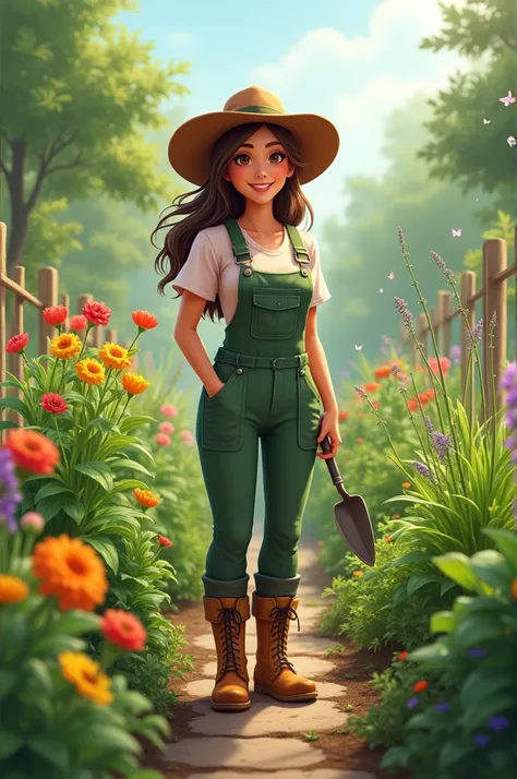 Theres a smiling woman wearing a gardeners outfit