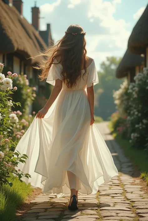  A beautiful woman with long hair , in white dress wearing black shoes ,  walk in costworlds english village, goddess