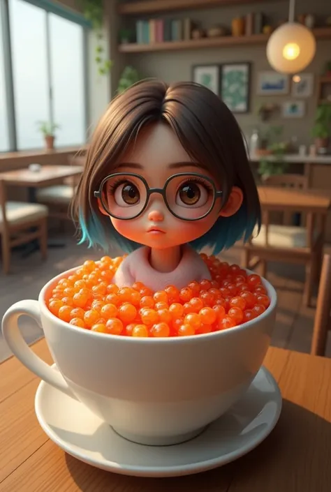 3D Japanese  with brown hair color all over, blue at the tip, round glasses soaking in a large cup full of salmon roe at a short semi-long cafe