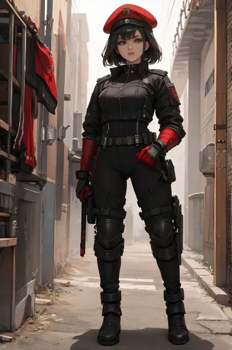 a woman security officer, 30 years old, spike clothing decoration, protective gear, red and black edgy uniform, wearing red military beret and protective gear, fantasy full body armor