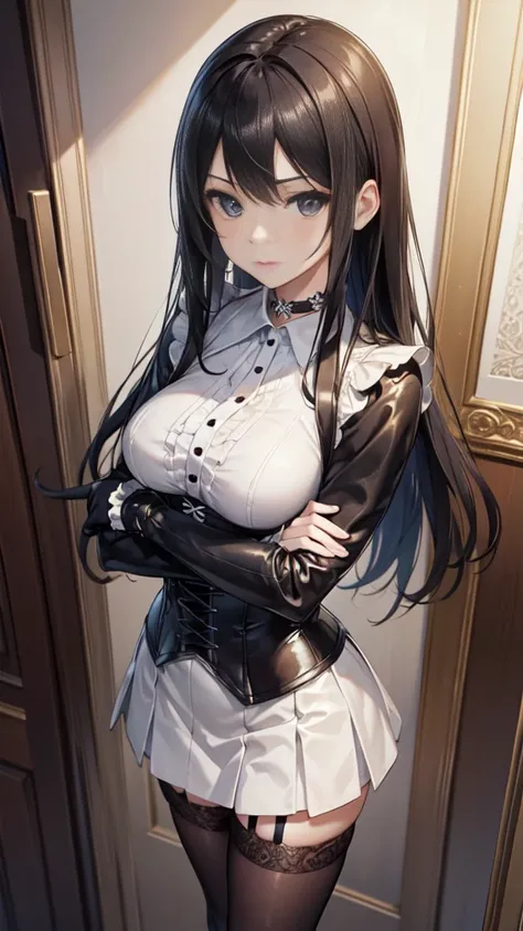  masterpiece ,  Best quality , high resolution,  beautiful detailed eyes ,  extremely detailed face , Detailed CG, 1 girl; standing,  crossed arms ,  seen from above ,  looking at the spectator,  long black hair , black eyes, choker:1.6, (( white buttoned ...