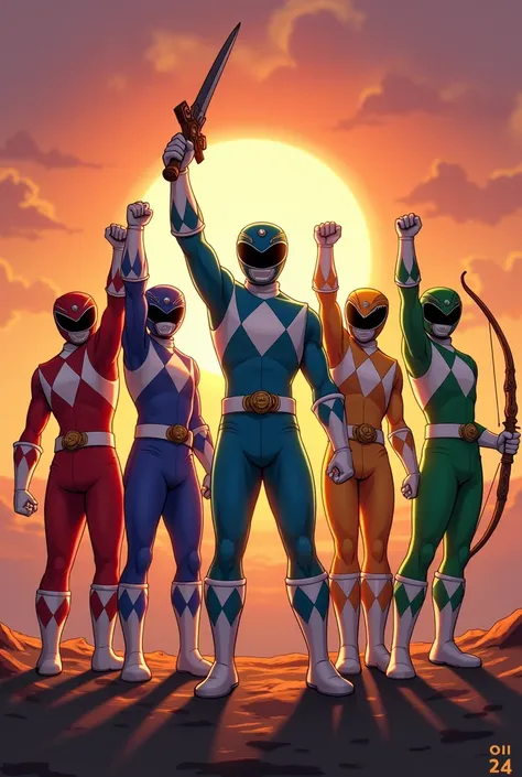 Give me an image in which they are on a battlefield ,  with the sun setting behind them ,  creating a dramatic glow .  The five Rangers —each his colorful costume  (red, blue, green, yellow and pink)— they are reunited ,  with their fists raised to the sky...