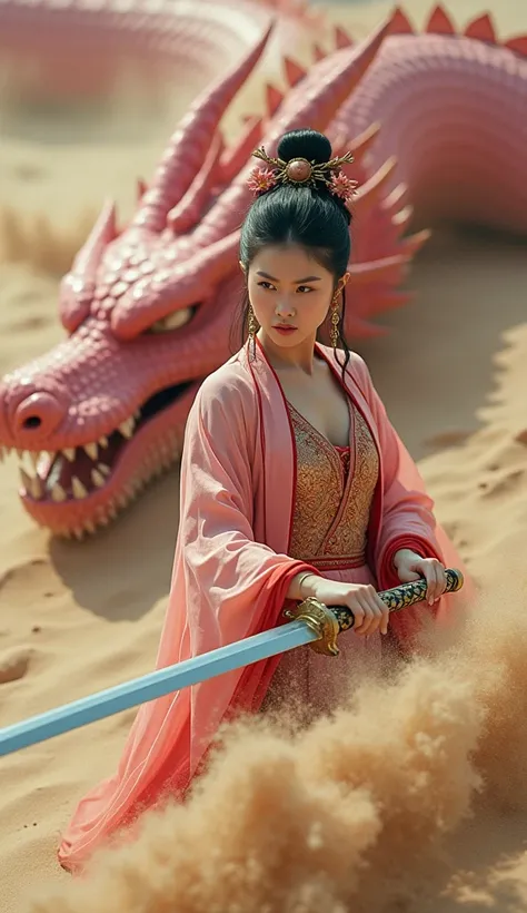 A dramatic, cinematic scene depicts a young woman in traditional Chinese attire wielding a sword amidst a turbulent sandy environment. The central figure is positioned slightly off-center to the right, her serious expression and intense gaze focused direct...