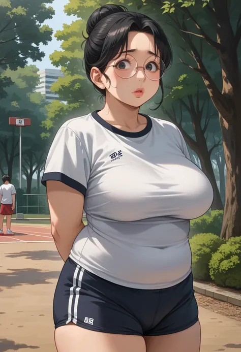 (1girl:1.3), Masterpiece, Best quality, amazing beauty, 4K, absurdres, finely detail, super detailed eye, perfect anatomy, official art, cinematic lighting, BREAK, Park, hair bun, (black hair:1.5), super shiny detailed black eye, (((tareme))), ((plump lips...