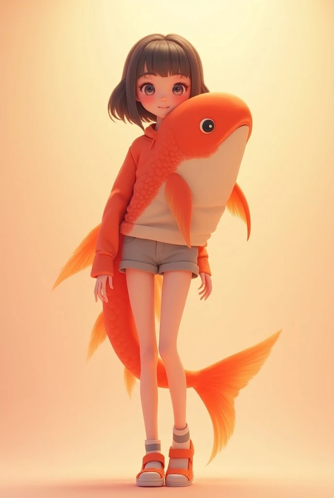 This charming female humanoid stands 160 centimeters tall with a vibrant, anime-style red fish character, elongated limbs, and an energetic posture. She has a cute, pretty face and is dressed in casual, modern clothing. Her playful expression, along with h...