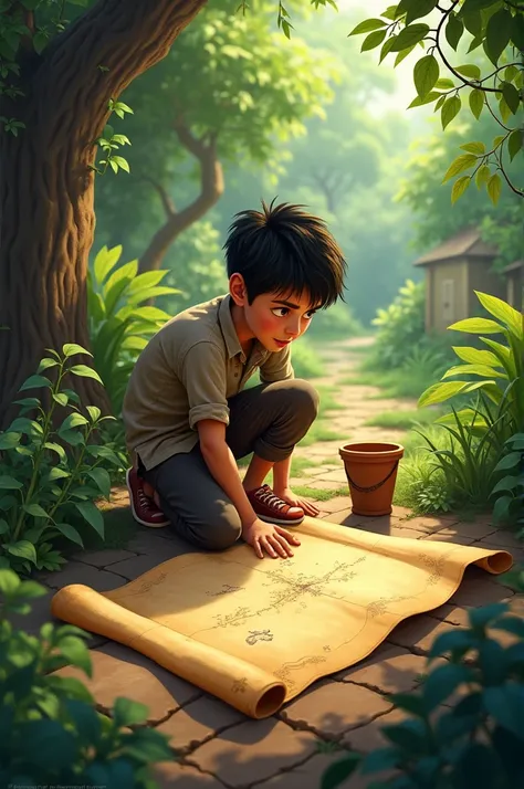  Considering this scene it generates a contextualized image 
Scene 1:  The discovery of the map

Description : Mateo, An adventurous boy,  he explores his grandmothers garden . When moving a pot ,  finds an old map hidden behind it .

Dialogue or Action : ...