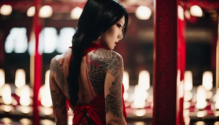 35mm vintage photo , close up, A lady with full body tattoo standing tall, in a temples in red, thin, sexy, look up, scars on back, yakuza girl, long hair, full hannya back tattoos, hand wide open, showing back muscle, female samurai, Full body tattoos, ba...