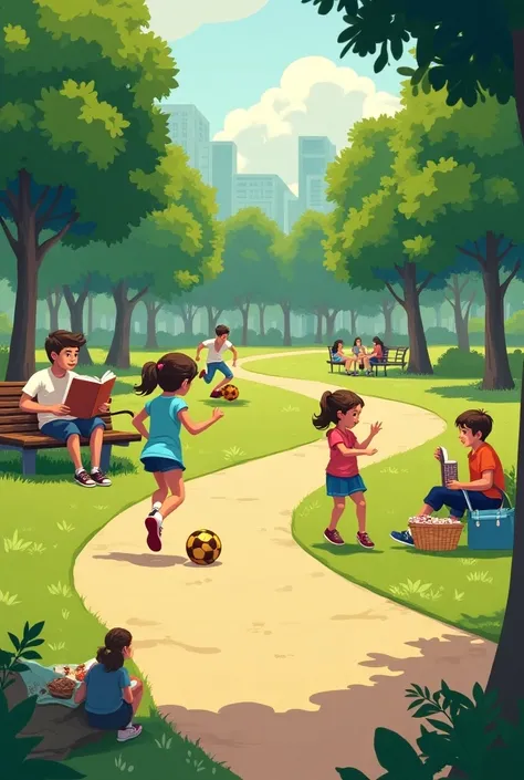  a park with a girl running and listening to music ,  and a young man sitting on a bench reading ,  next to him a group of people are having a picnic, In addition, two ren are playing with the ball 