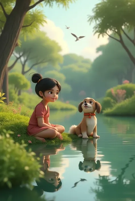 In cinematic 3D cartoon style "Sitting by a calm pond, Mishti and Moti(dog) relax, listening to birds chirping. Mishti looks peaceful, gazing at the water, while Moti sits beside her. There are trees and bushes around the pond, with birds in the background...