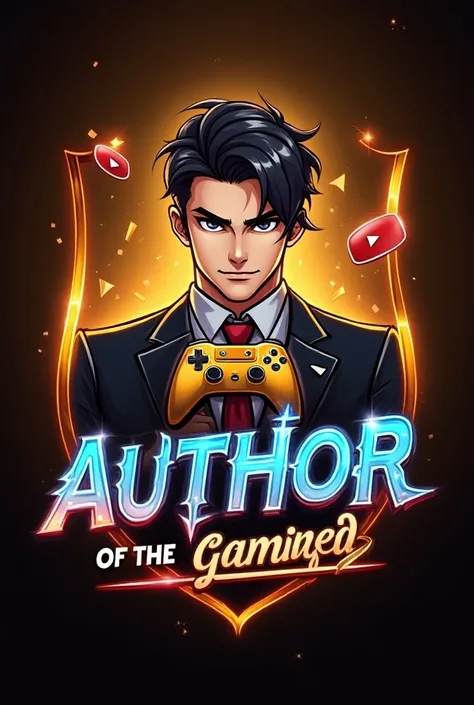 This is a gaming logo that features the name "author of the gaming world" in a futuristic font and a neon blue an red color. and smart gental man Anime avtar, The logo also has a stylized golden controller icon and a YouTube play button in the background. ...