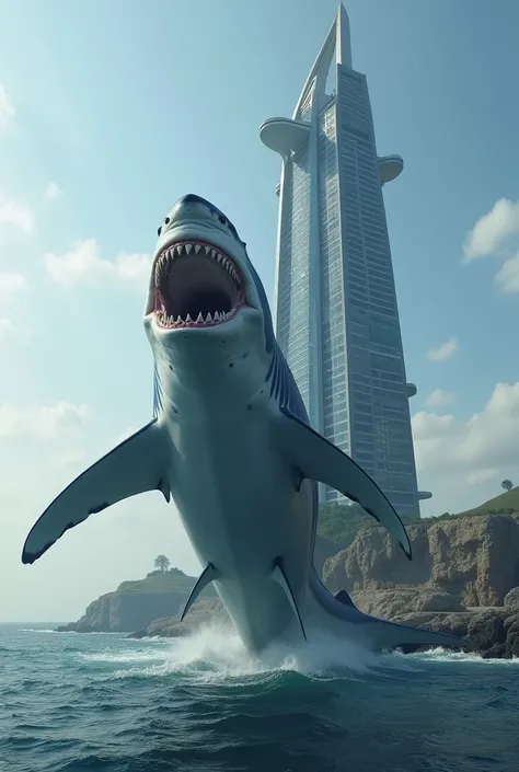 Make a comparison of a megalodon with exact sizes on the side of a 100-meter-long building 