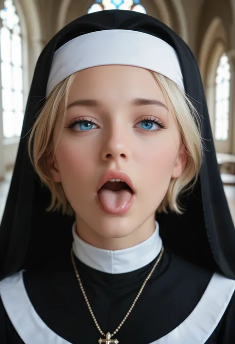 photo sexy, portrait face(closed),closed na boca,  a nun in a black tunic ,  she is a blonde with straight and short hair,  blue eyes and a face with fine and angelic features,  white and black veil,  she is in front, Wide open mouth showing the tongue, (t...