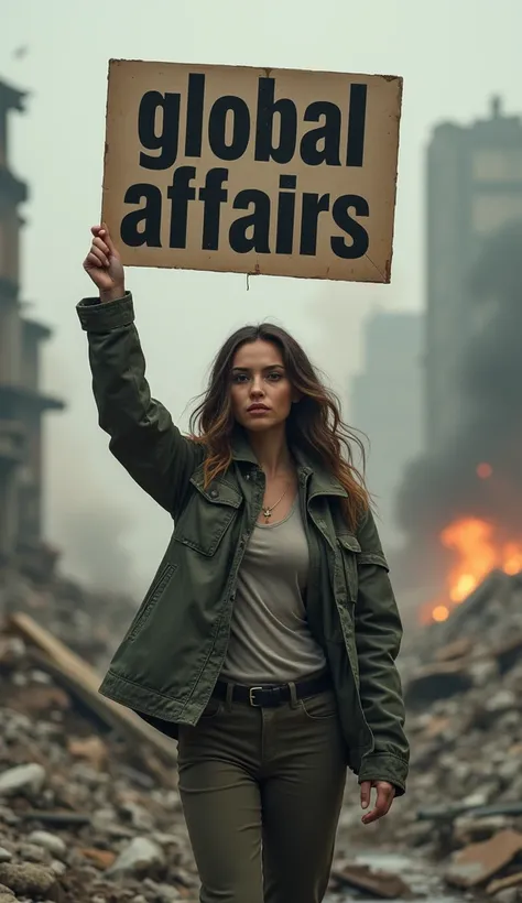 AI generated image of a fearless woman in pant and coat while holding a sign board with "Global Affairs" in bold letters background should be catastrophic 