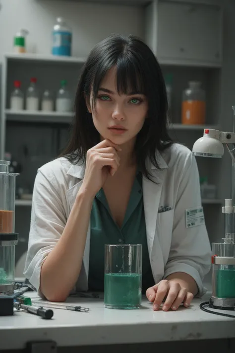  Sexy girl with grunge style black hair and bangs,  green eyes, sexy scientist in lab 