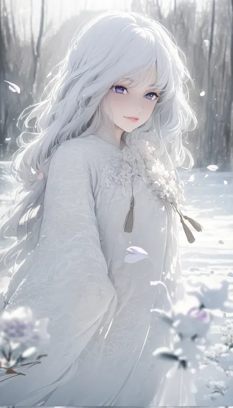 Masterpiece, Superb Piece, Daytime, Outdoor, Falling Flowers, White Dress, 1 Girl, Perfect Woman, Silver and White Long Haired Woman, Gray Blue Eyes, Pale Pink Lips, Cold, Serious, Bang, Purple Eyes, White Clothes, Black Clothing Lines, Delicate Face, Exqu...