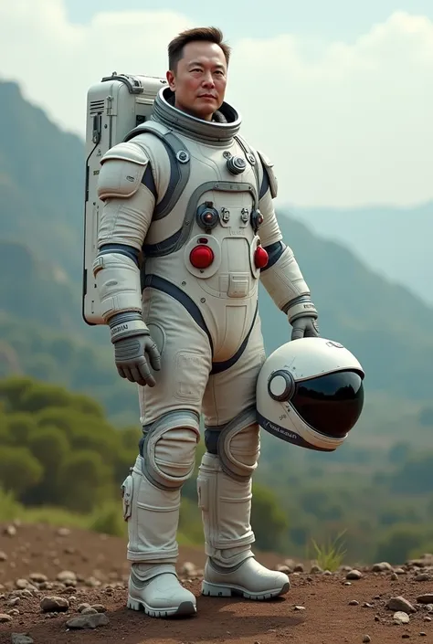 A Elon musk wear space suit and it carry space suit helmate in her hand ion earth