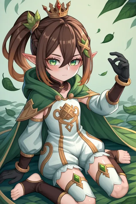 masterpiece,Ultra HD, 1girl, ((young)),solo, small, petite, green eyes, brown hair,, blush, bracelet, cape  ,detached_sleeves, dress, gold_trim ,gradient_hair, green_cape, green_sleeves , hair_ornament ,half_crown_braid ,jewelry ,leaf_hair_ornament , point...